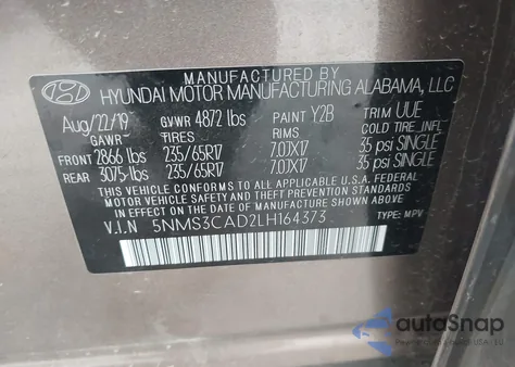 2020 Hyundai Santa Fe Sel из США, поврежденный, VIN 5NMS3CAD2LH164373